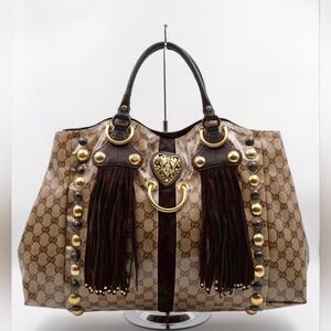 CE16 💖 GUCCI GG Crystal Canvas Babouska Heart Stud Fringe Tote Bag